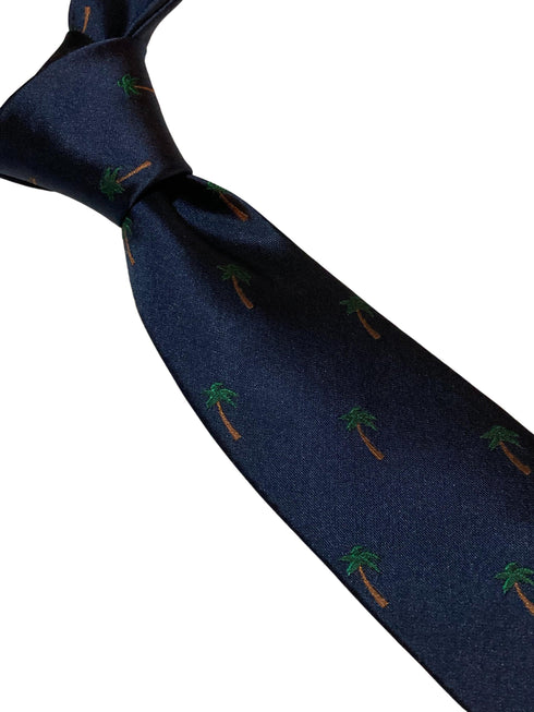 navy tie with tropical palm tree desert island embroidered design